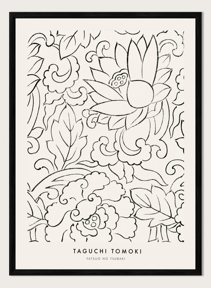 Floral Yatsuo no Tsubaki by Taguchi Tomoki is a vintage Japanese woodblock art print featuring stylized flowers, curling leaves, and elegant black linework.