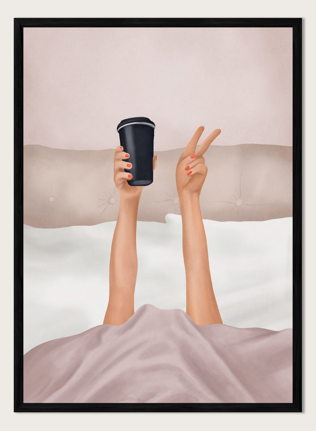 Person holding a black coffee cup above bed with pink sheets. Morning Coffee Peace by Flow Line is a playful coffee art print featuring a cozy bed scene, perfect for bedrooms, coffee lovers, and modern interiors.