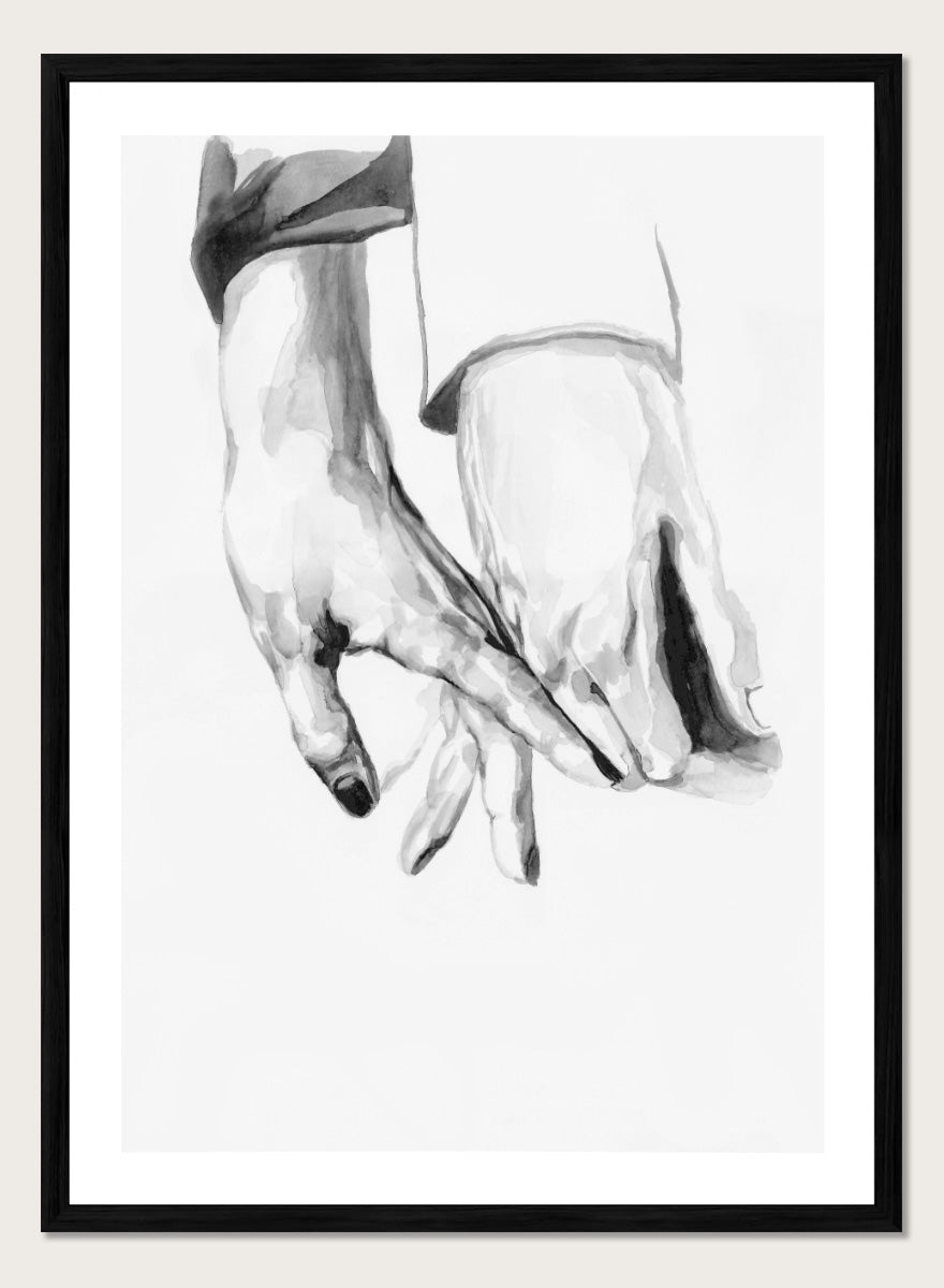 Shop Gentle Hands Connected by Sophia Novosel, a minimalist black and white wall art print poster featuring two hands touching in a soft, intimate gesture.