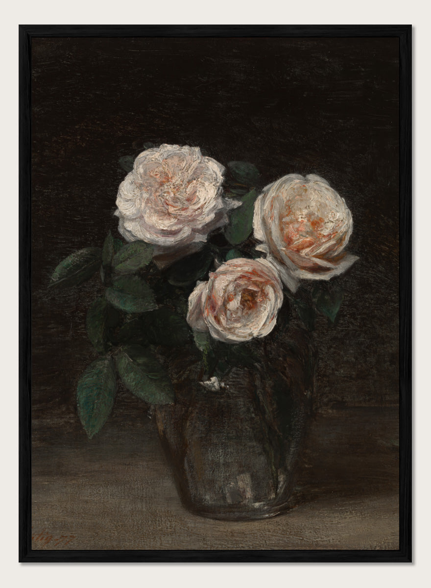 Shop Still Life with Roses by Henri Fantin-Latour, a vintage floral wall art print poster featuring pale roses against a rich brown background.