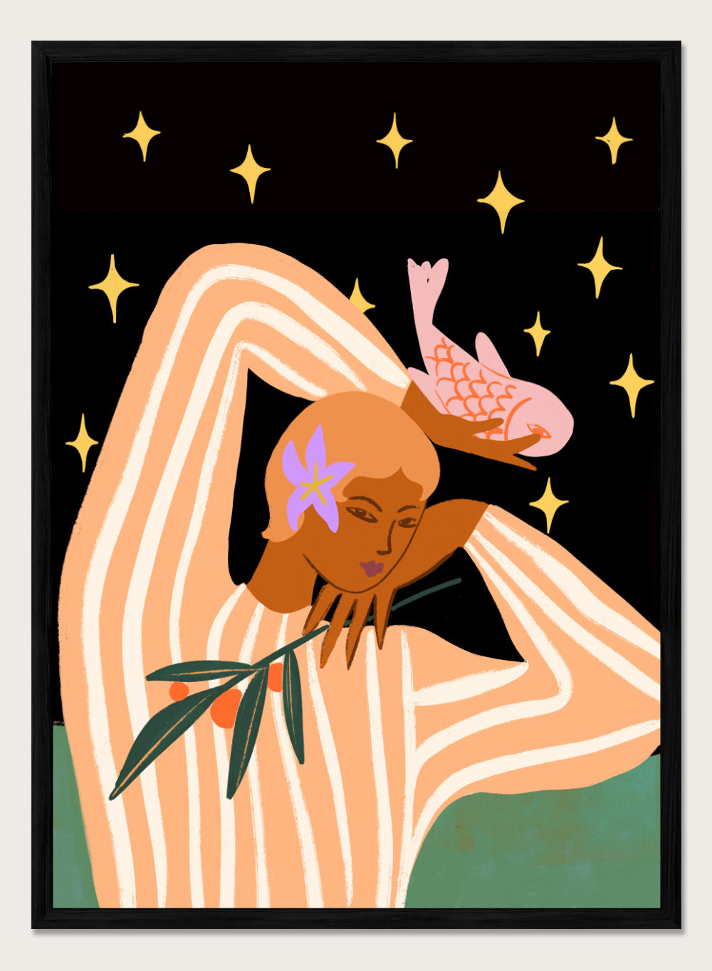 Illustration of a woman with flowers in her hair against a starry night sky. Balance by Arty Guava is a modern surreal woman art print with stars, stripes, and a pink fish. Officially licensed contemporary wall poster.