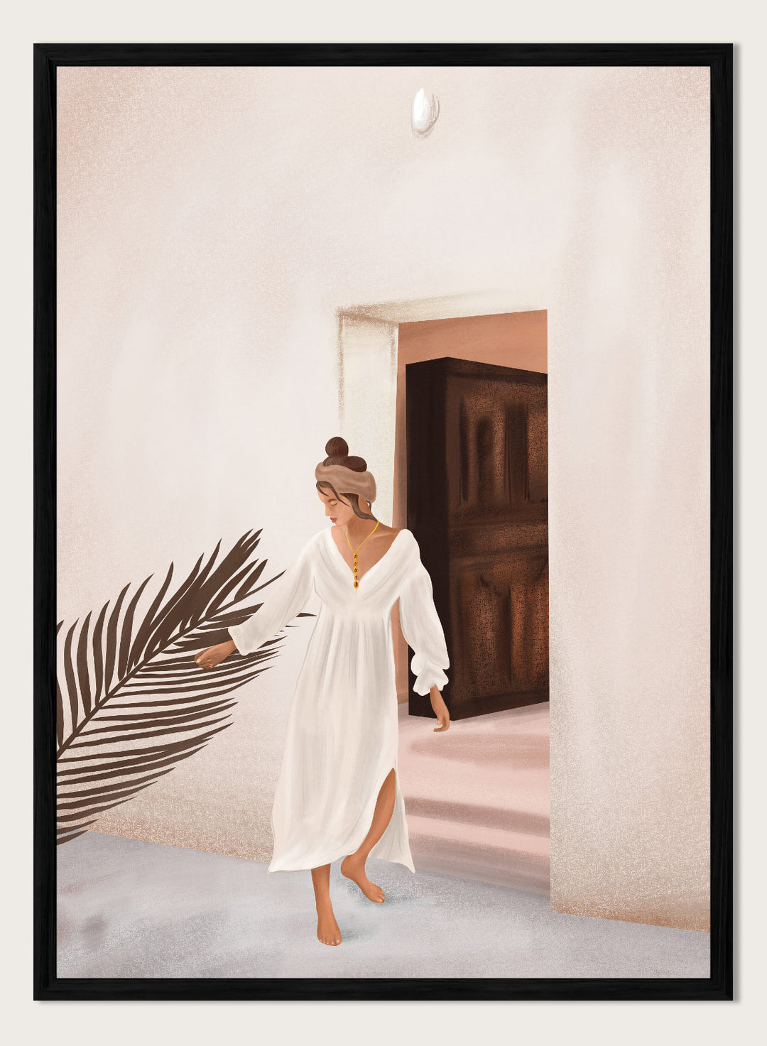 Woman in a white dress standing in a doorway with a palm leaf in the foreground. Woman With Palm Leaf by City Art is a modern figurative art print featuring a woman in a white dress, tropical greenery, warm neutrals, and Mediterranean style.