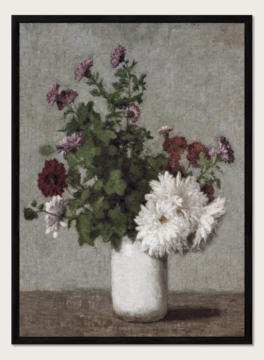 Shop Autumn Chrysanthemums in a White Vase by Henri Fantin-Latour, a vintage floral wall art print poster featuring chrysanthemums in muted green tones.