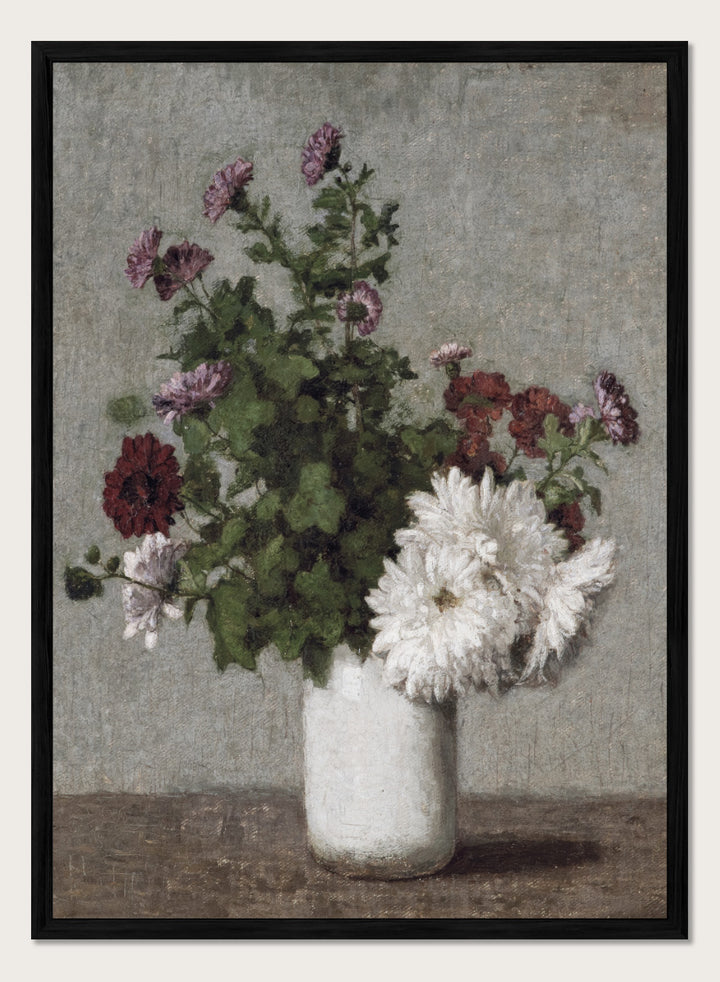 Shop Autumn Chrysanthemums in a White Vase by Henri Fantin-Latour, a vintage floral wall art print poster featuring chrysanthemums in muted green tones.