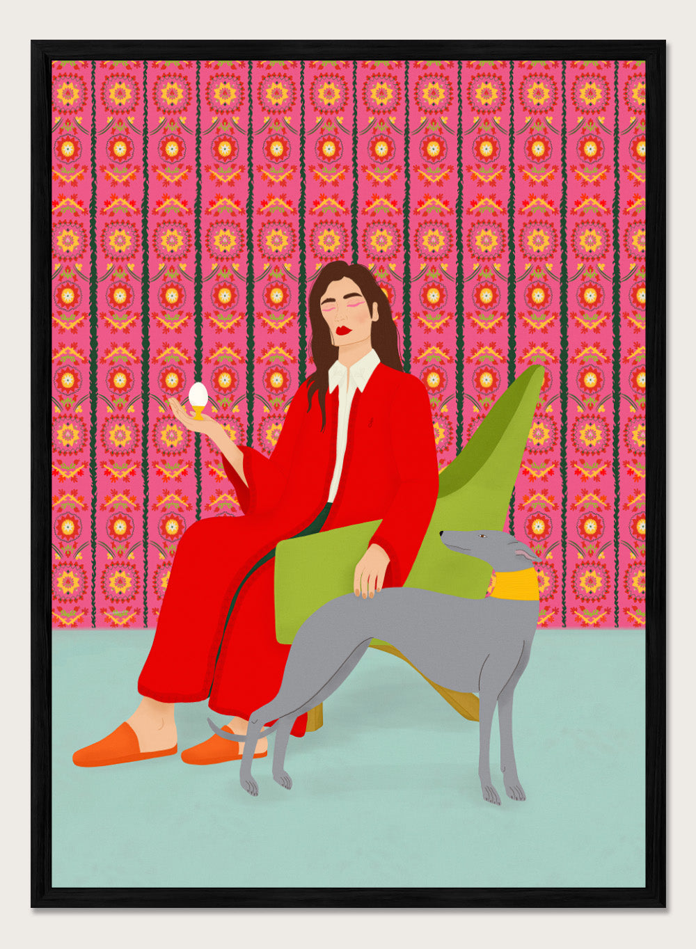 Woman in a red coat sitting on a green chair with a dog, against a pink patterned wall. Wonderful Egg by Jota de Jai is a whimsical modern art print of a woman in a red robe holding an egg with her greyhound, officially licensed wall poster with framing.