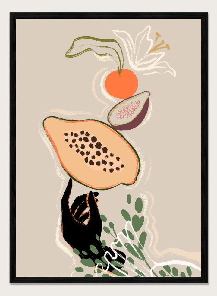 Illustration of a sloth holding a papaya with a beige background. Balancing Fruits by Arty Guava is a modern fruit still life art print with papaya and fig. Officially licensed wall poster for kitchen decor.