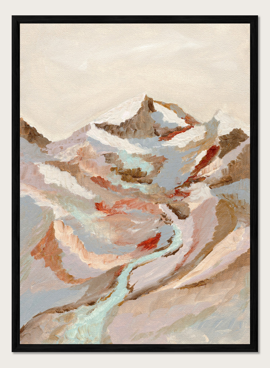 An abstract landscape painting of a snow-capped mountain range with a winding pale blue river, rendered in textured brushstrokes of beige, brown, gray, and muted red tones. Shop Painted Mountain River by Nikita Jariwala, a mountain landscape wall art print poster featuring a winding river, snowy peaks, and soft blue tones.