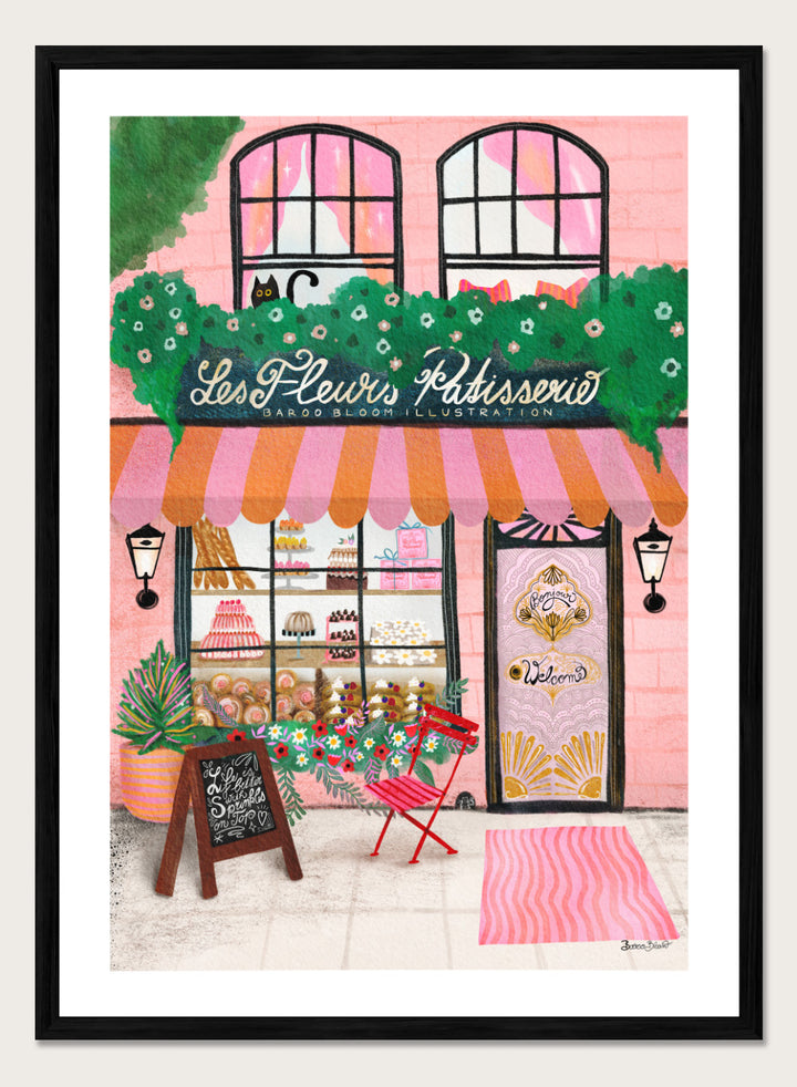 Illustration of a bakery named 'Les Fleuris Patisserie' with a pink exterior and greenery. Bake Shop Front by Baroo Bloom art print featuring a colorful bakery storefront illustration. Whimsical European street scene wall poster with pink tones and playful detail.