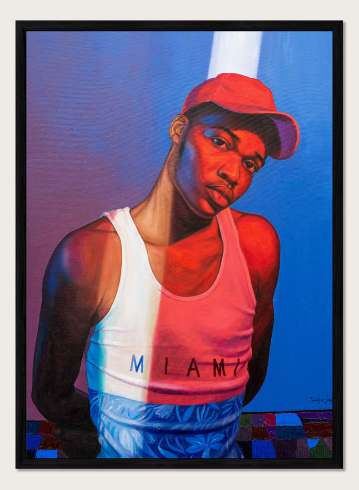A stylized portrait painting of a man wearing a red cap, a white tank top with &