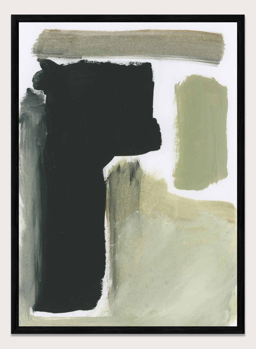 Shop Total by Dan Hobday, a contemporary abstract art print featuring charcoal black, olive green, sage, and beige with bold textured forms.