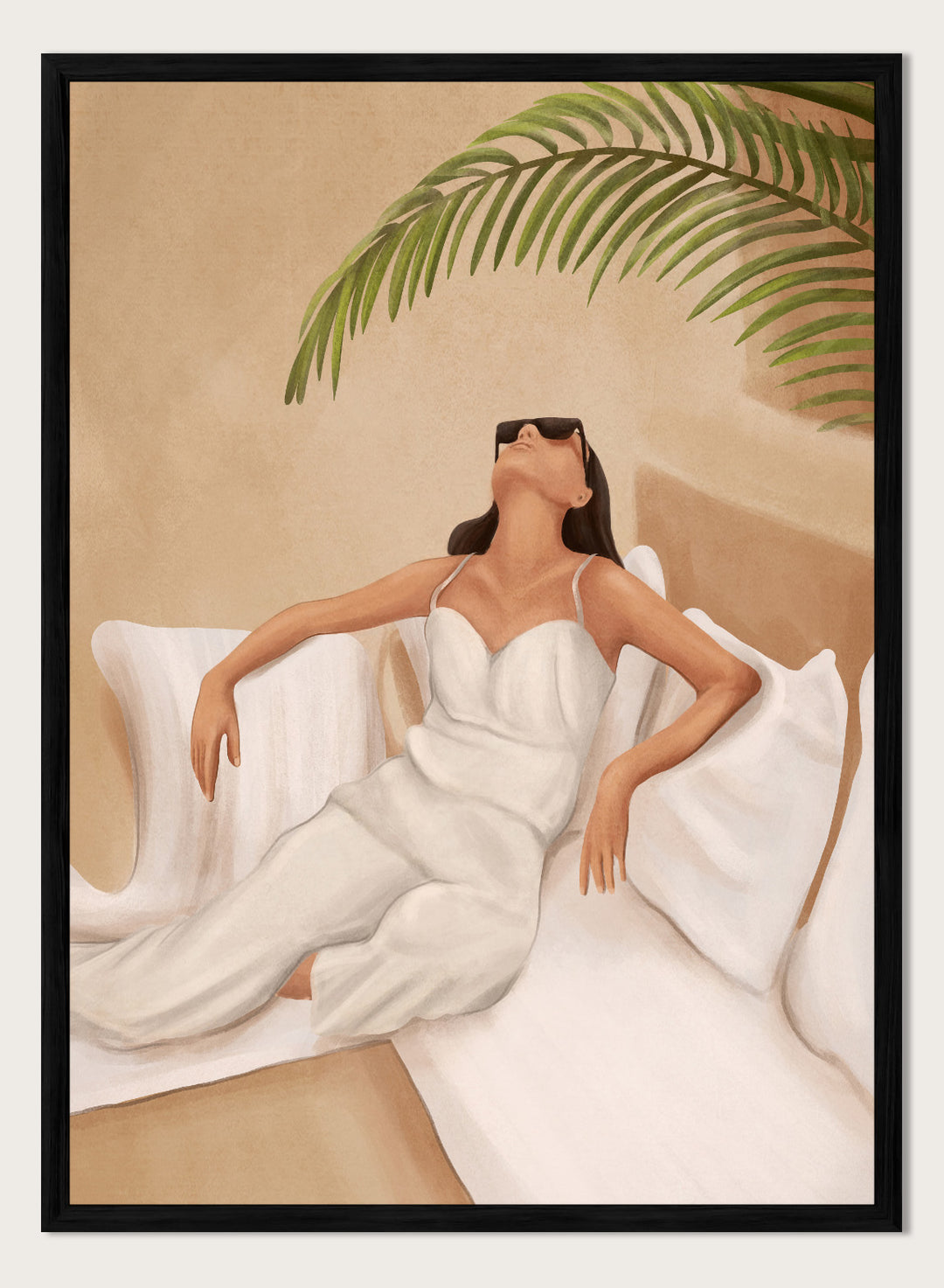 Woman in a white dress lying on a couch with a palm leaf above, against a beige wall. Chic Summer Serenity by City Art features a woman reclining among cushions and palm leaves, bringing warm summer tones and relaxed interiors to your home.