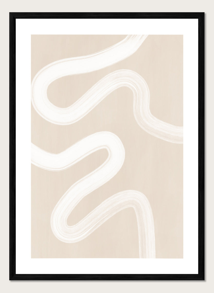 Shop Wavy Abstract Lines by Elena Ristova, a neutral abstract wall art print poster with flowing white brushstrokes on a beige background.
