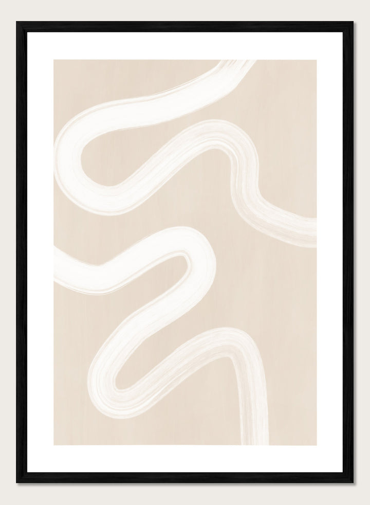 Shop Wavy Abstract Lines by Elena Ristova, a neutral abstract wall art print poster with flowing white brushstrokes on a beige background.