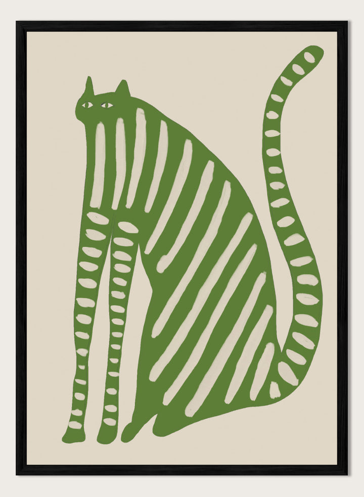 A stylized green cat illustration with vertical cream stripes and dotted details on a beige background. Playful Green Striped Cat by The Art Concept cat art print featuring an elongated green cat with cream stripes, long legs, and an oversized curved tail.