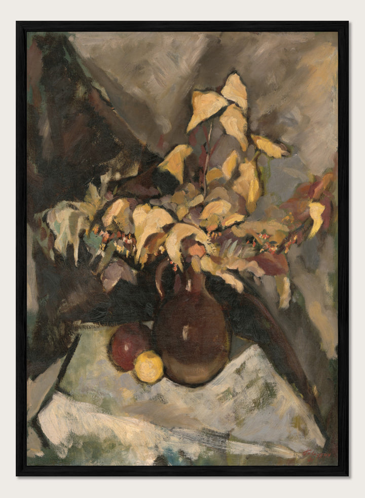Shop Autumn Still Life by Zolo Palugyay, a vintage still life wall art print poster featuring autumn leaves, fruit, and flowers in warm brown tones.