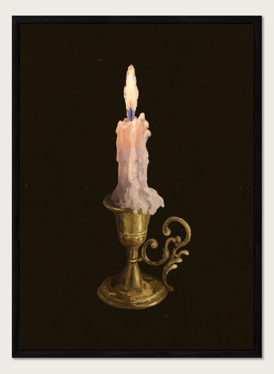 Shop Elegant Brass Candle by NKTN, a candle wall art print poster featuring a glowing taper candle in an ornate brass holder against a dark vintage-style background.