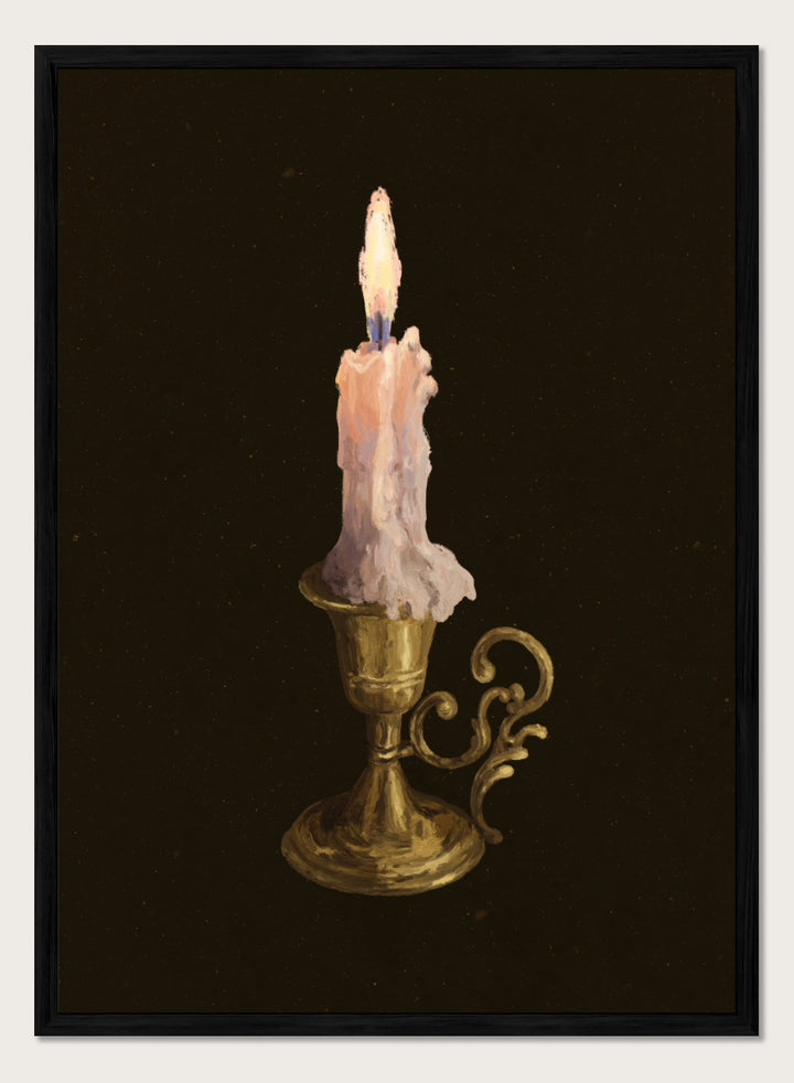 Shop Elegant Brass Candle by NKTN, a candle wall art print poster featuring a glowing taper candle in an ornate brass holder against a dark vintage-style background.