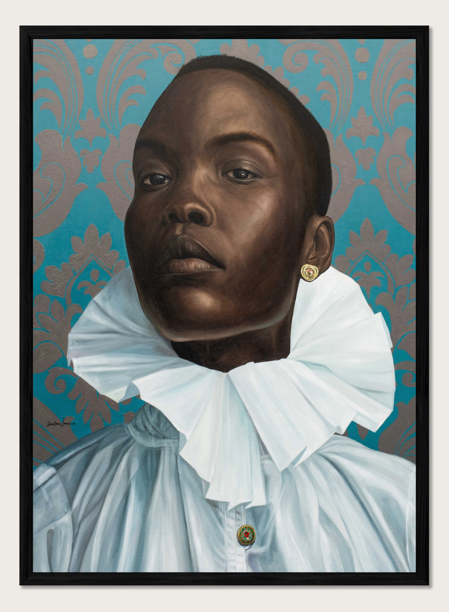 A portrait painting of a Black man with a shaved head, wearing a large white ruffled collar and light blue shirt, set against a teal and gold damask patterned background. Shop Regal Woman Ruff Collar by Damilare Jamiu, a contemporary portrait wall art print featuring a regal woman, dramatic white ruff collar, and rich teal tones.