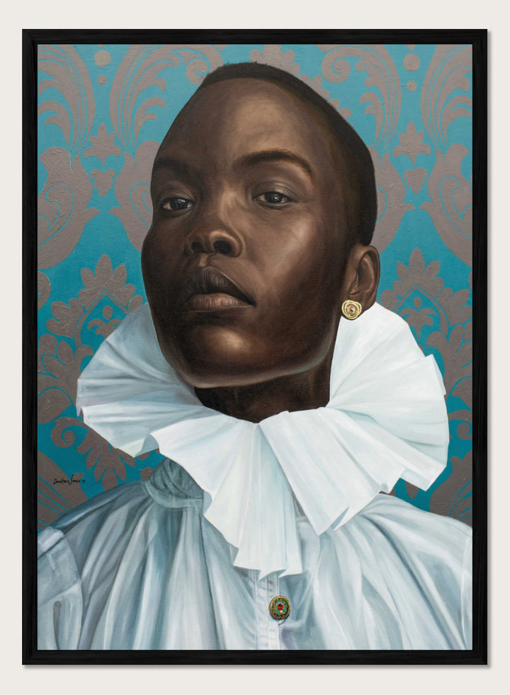 A portrait painting of a Black man with a shaved head, wearing a large white ruffled collar and light blue shirt, set against a teal and gold damask patterned background. Shop Regal Woman Ruff Collar by Damilare Jamiu, a contemporary portrait wall art print featuring a regal woman, dramatic white ruff collar, and rich teal tones.