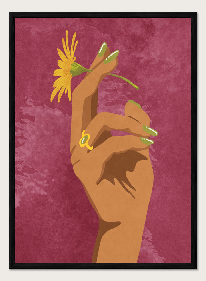 Illustration of a hand holding a yellow flower against a pink background. Smoking Flower by Raissa Oltmanns is a modern floral art print featuring a hand holding a yellow flower in bold contemporary wall poster style.