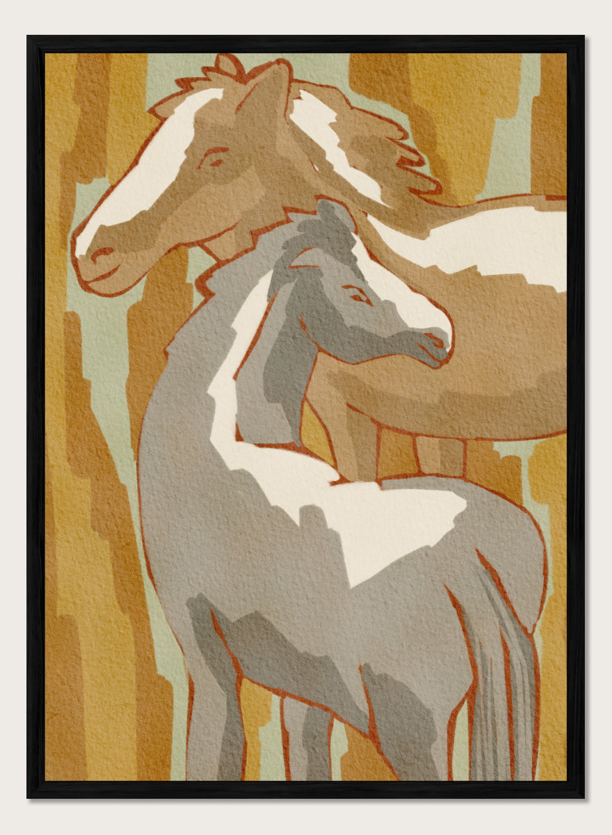 Shop Calm Horse Family by Nikita Jariwala, a modern horse wall art print featuring two horses in soft abstract shapes with warm ochre, cream, gray, and beige tones.