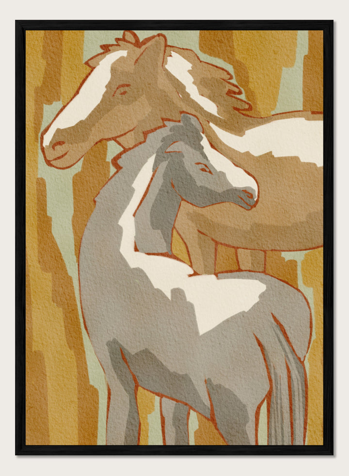 Shop Calm Horse Family by Nikita Jariwala, a modern horse wall art print featuring two horses in soft abstract shapes with warm ochre, cream, gray, and beige tones.