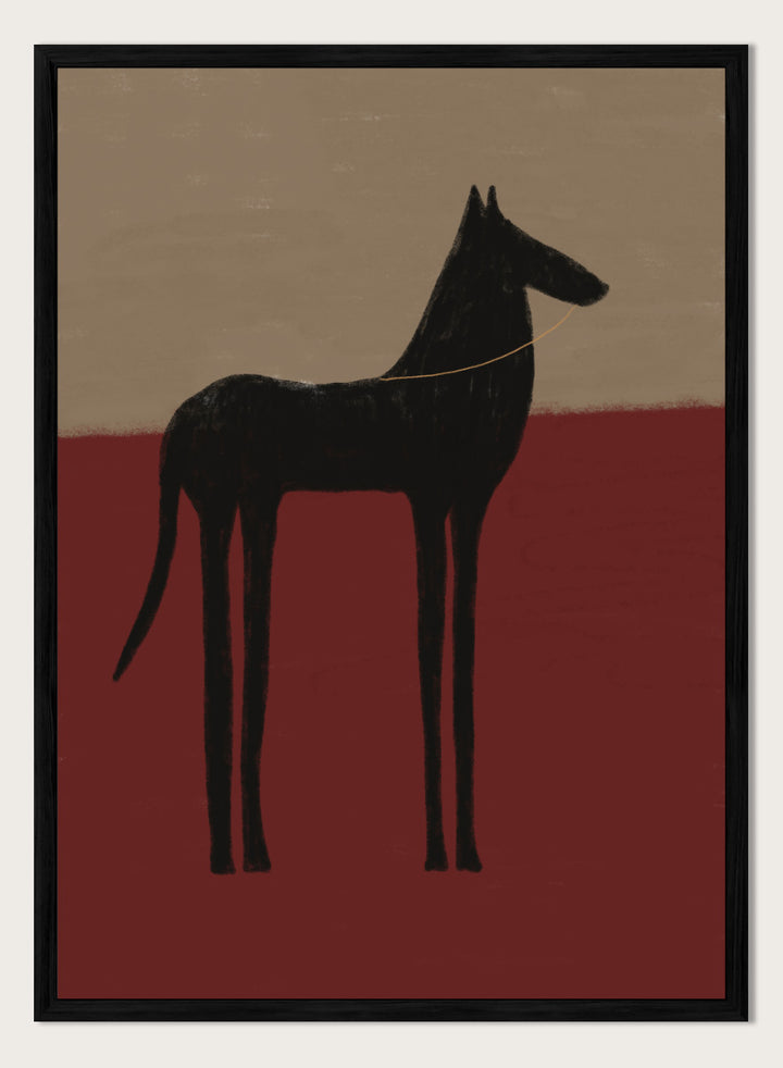 A stylized painting of a black dog silhouette standing in profile against a two-tone background with a beige upper half and a deep red lower half. Abstract Black Horse by The Art Concept animal art print featuring a tall black horse against deep red and muted taupe tones.