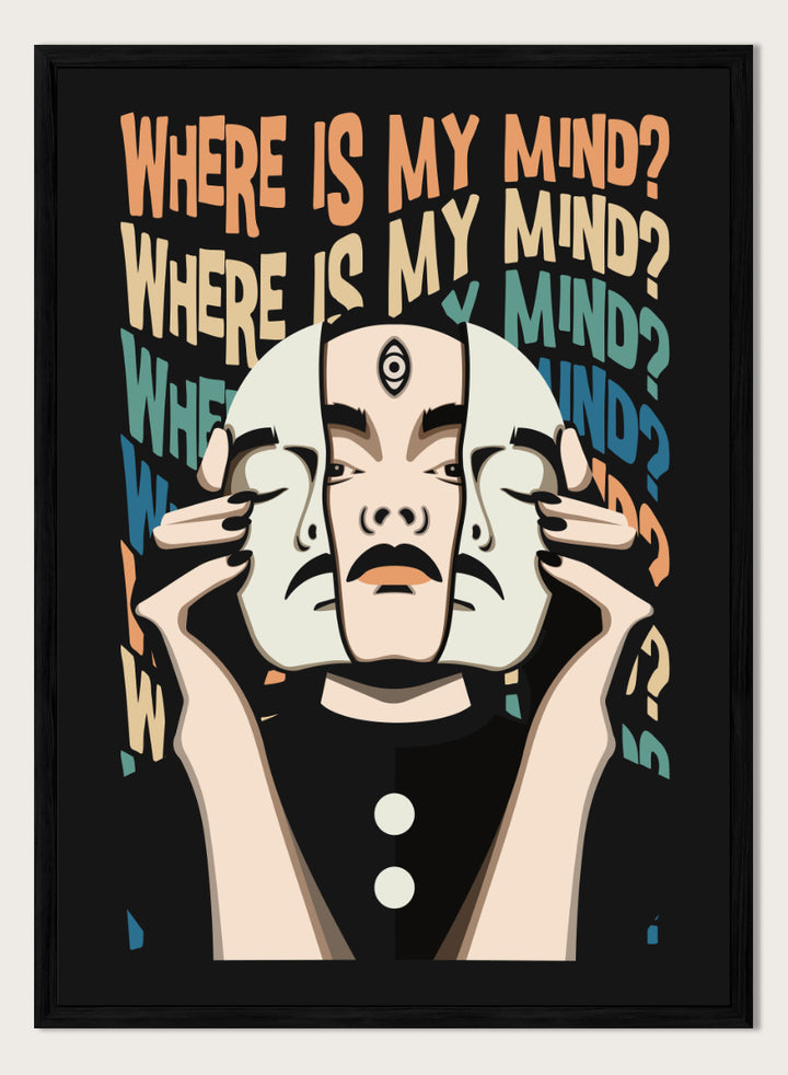 A stylized graphic art print featuring a person in a black outfit holding a white mask in front of their face, with the text &