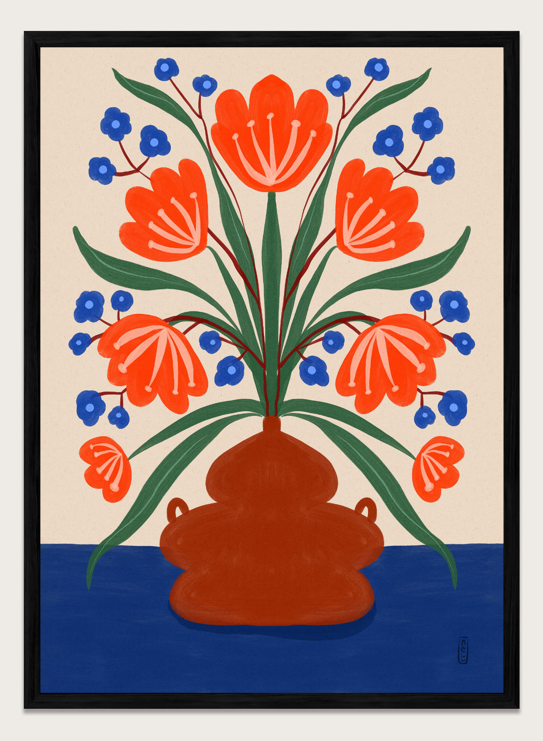 Vibrant Floral Terracotta Vase by Dirkie Nell is a colorful floral art print featuring bold orange flowers, folk inspired illustration, Mediterranean decor, and modern botanical wall art.