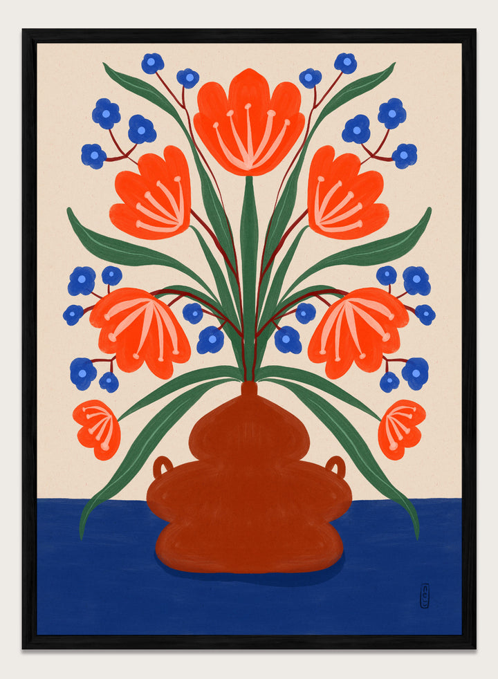 Vibrant Floral Terracotta Vase by Dirkie Nell is a colorful floral art print featuring bold orange flowers, folk inspired illustration, Mediterranean decor, and modern botanical wall art.