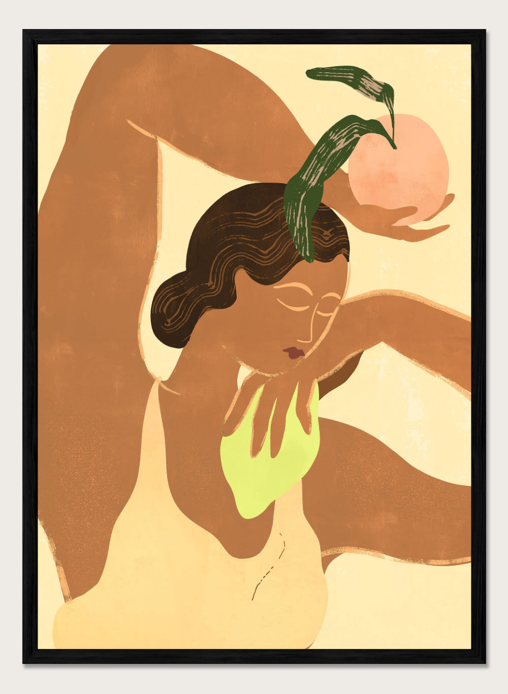 Artistic depiction of a woman with abstract elements on a beige background. Lemon Apple by Arty Guava art print, modern woman and fruit illustration, contemporary aesthetic wall poster in warm yellow and soft green tones.