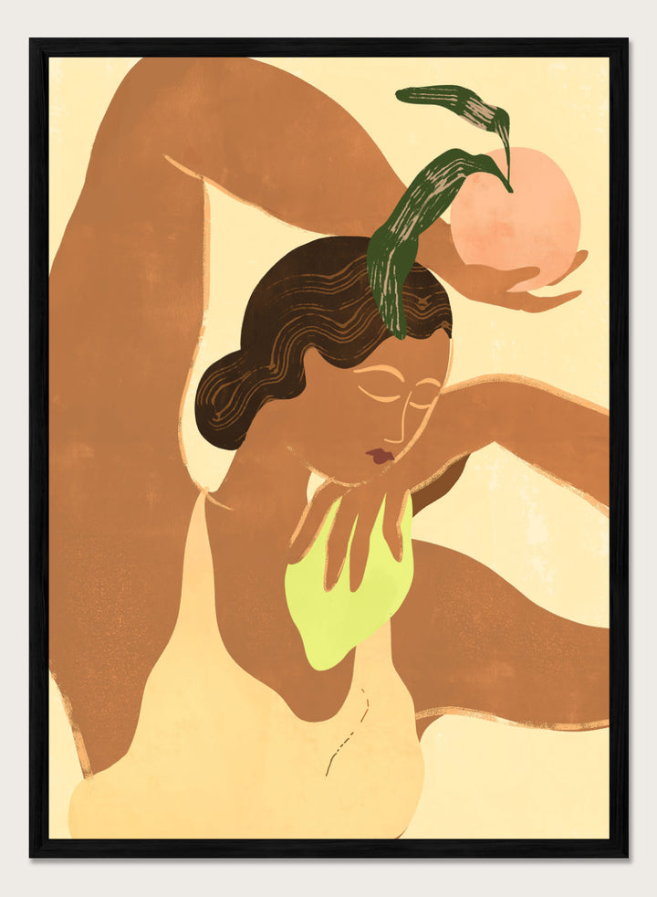 Artistic depiction of a woman with abstract elements on a beige background. Lemon Apple by Arty Guava art print, modern woman and fruit illustration, contemporary aesthetic wall poster in warm yellow and soft green tones.