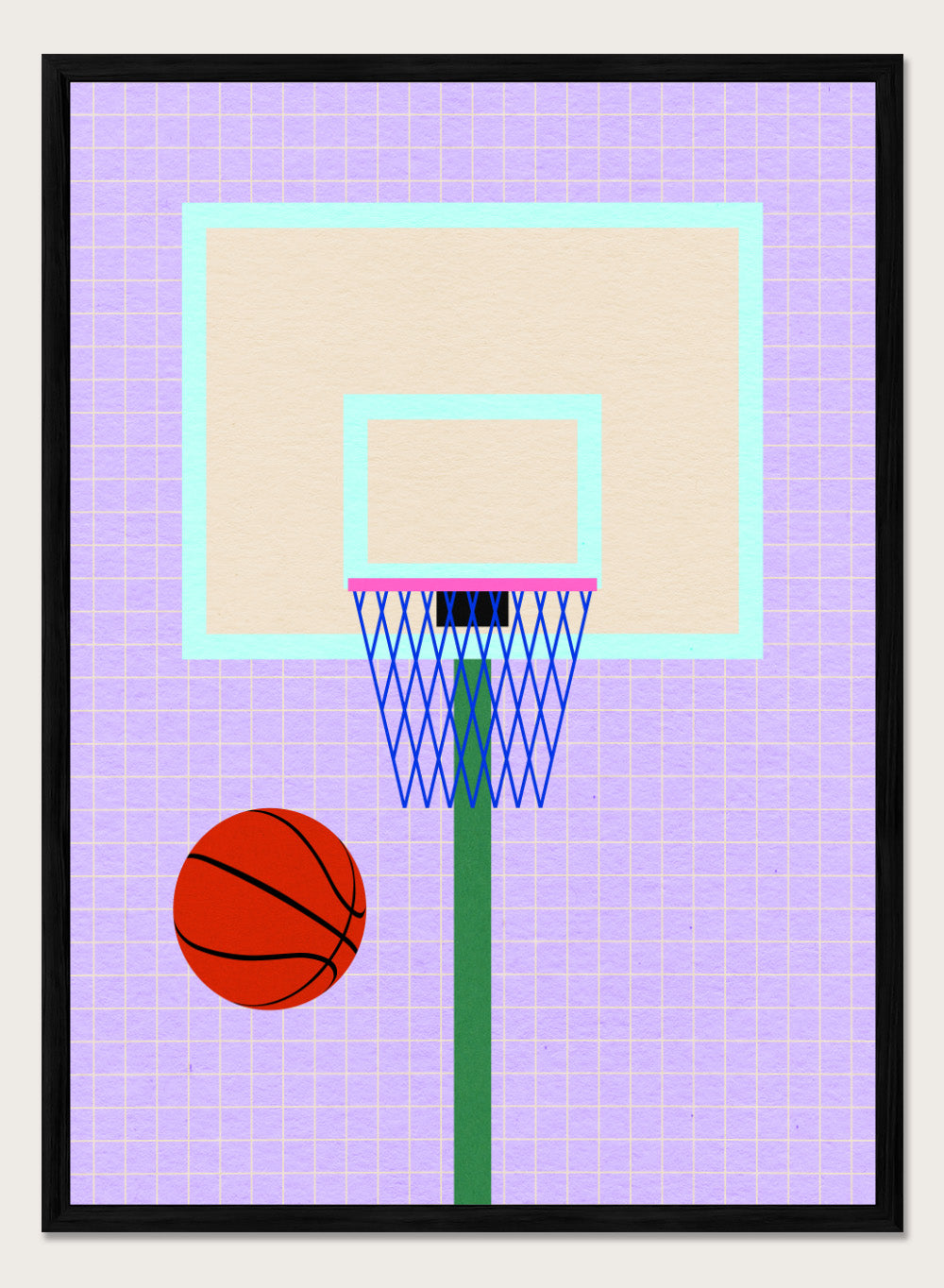 Basketball and hoop on a grid background. New York Basketball by Rosi Feist is a modern minimalist sports art print with bold graphic color and Bauhaus-inspired design. Officially licensed fine art poster with framing.
