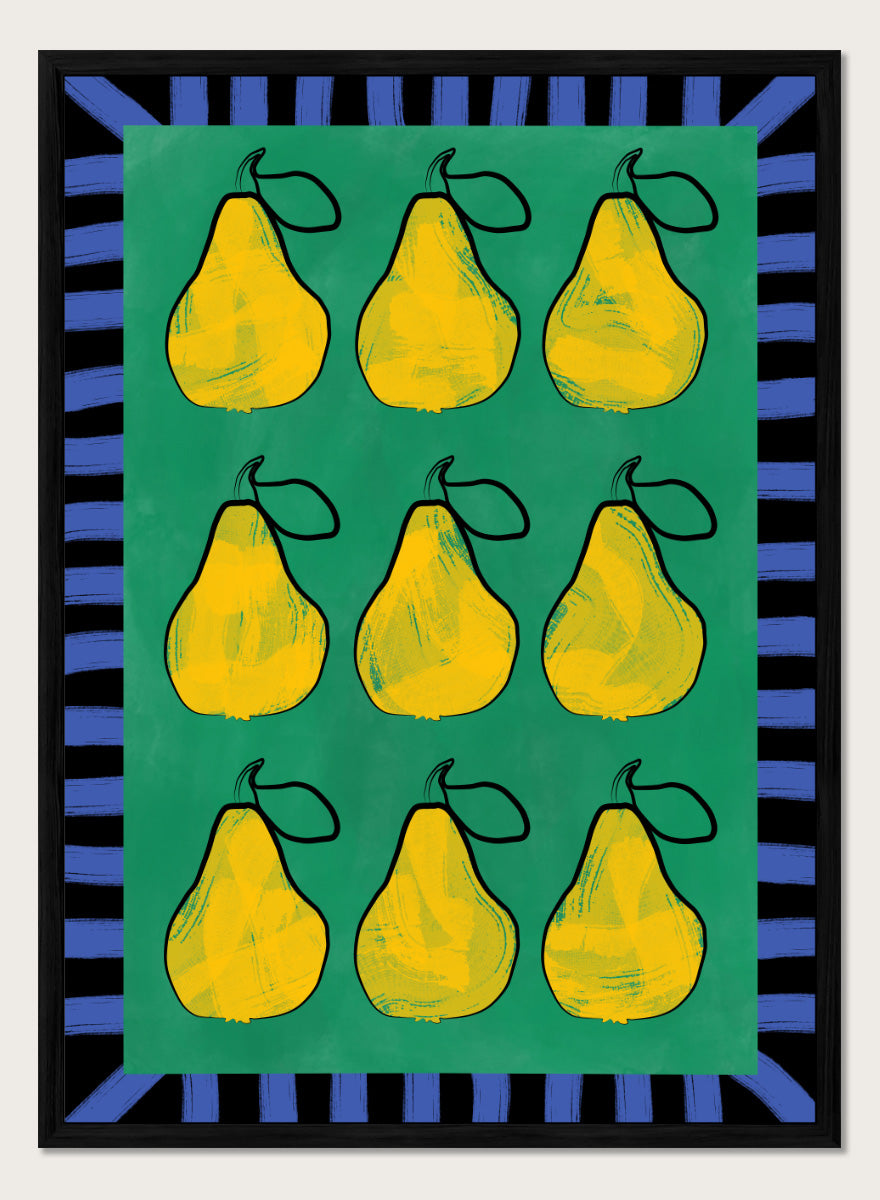 Shop Vibrant Pears Grid by Elena Ristova, a colorful pear wall art print poster in yellow, green, and blue with a bold graphic grid design.