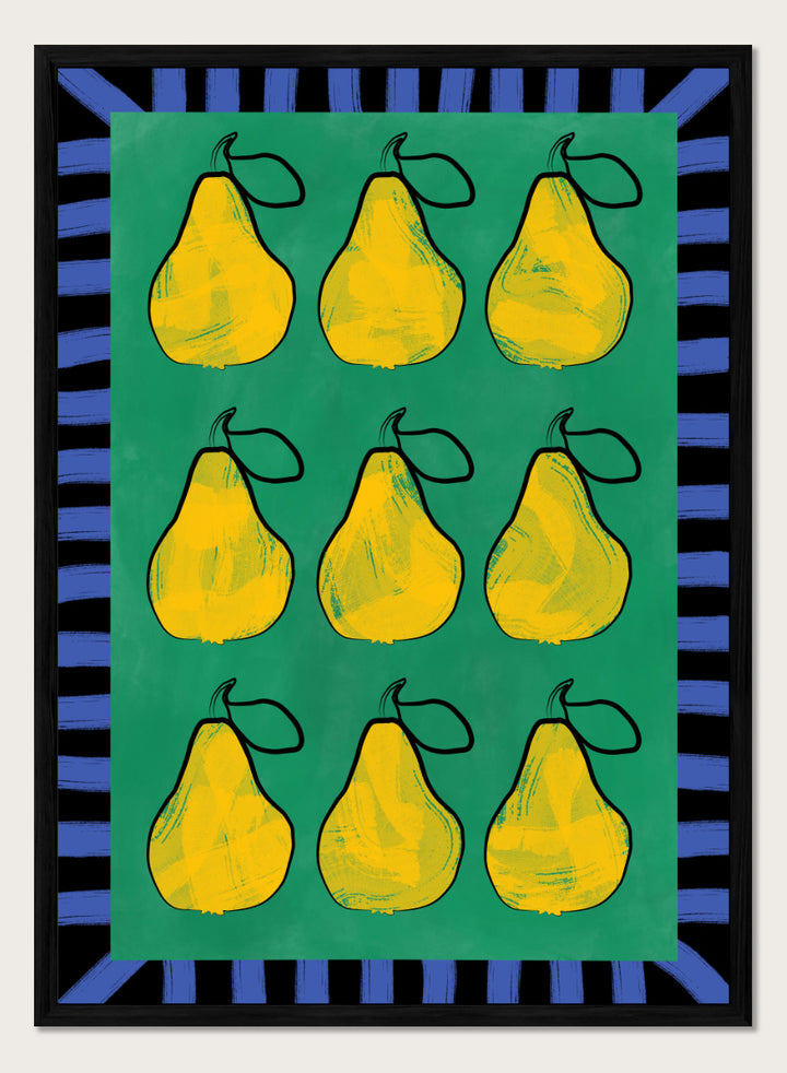 Shop Vibrant Pears Grid by Elena Ristova, a colorful pear wall art print poster in yellow, green, and blue with a bold graphic grid design.