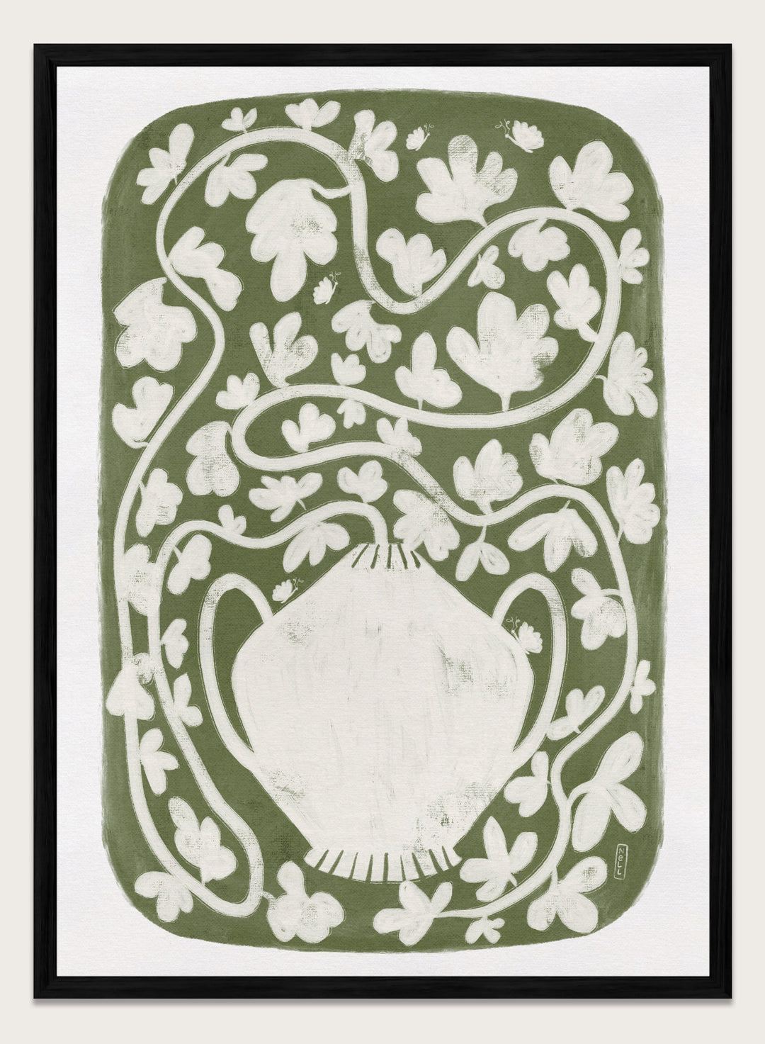 Winding Botanical Vase by Dirkie Nell is a modern folk art print featuring botanical vines, olive green tones, and hand drawn Scandinavian inspired wall art.