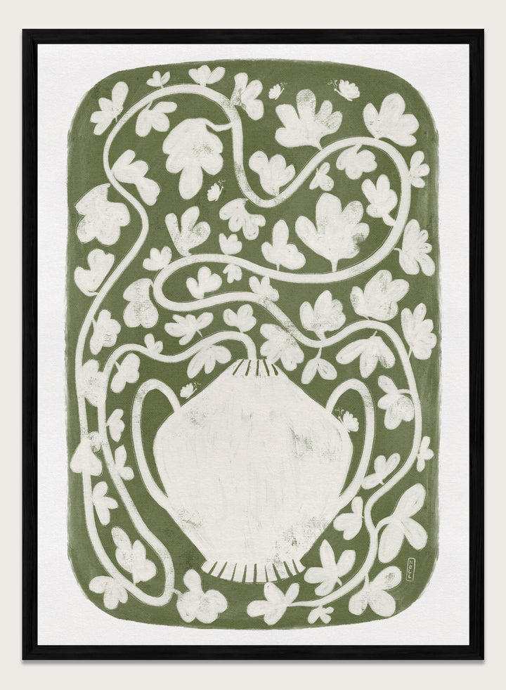 Winding Botanical Vase by Dirkie Nell is a modern folk art print featuring botanical vines, olive green tones, and hand drawn Scandinavian inspired wall art.