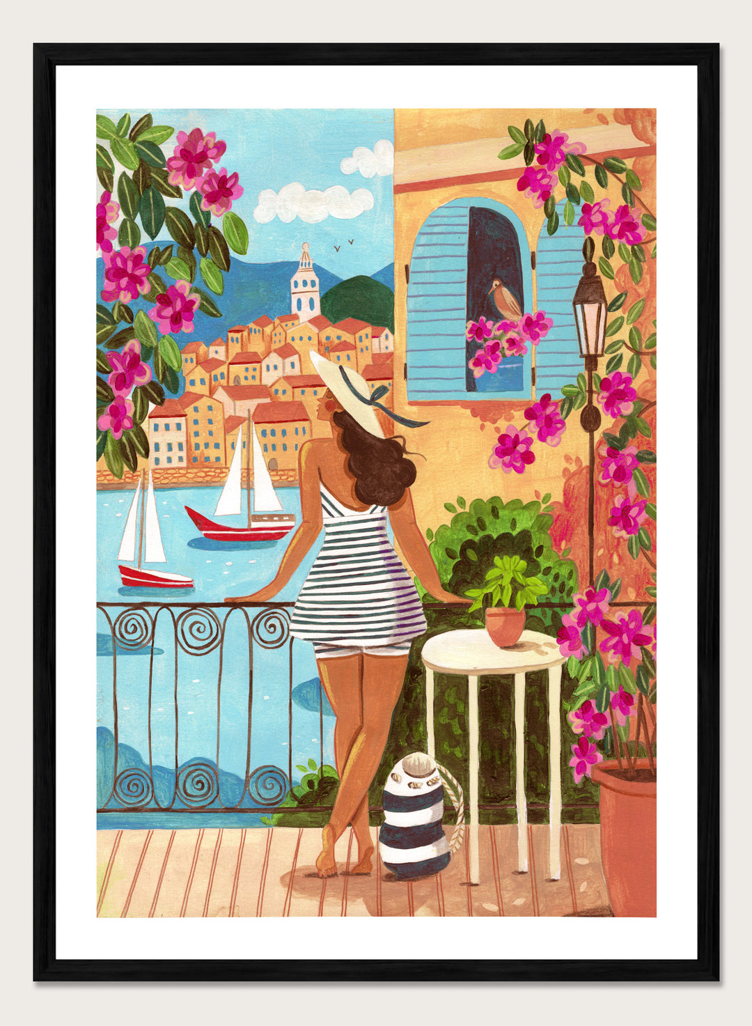 Woman on a balcony overlooking a coastal town with boats and flowers. Woman Balcony Coastal View by Caroline Bonne Müller is a fine art print and wall poster of a woman overlooking a coastal town with boats in a modern aesthetic style.