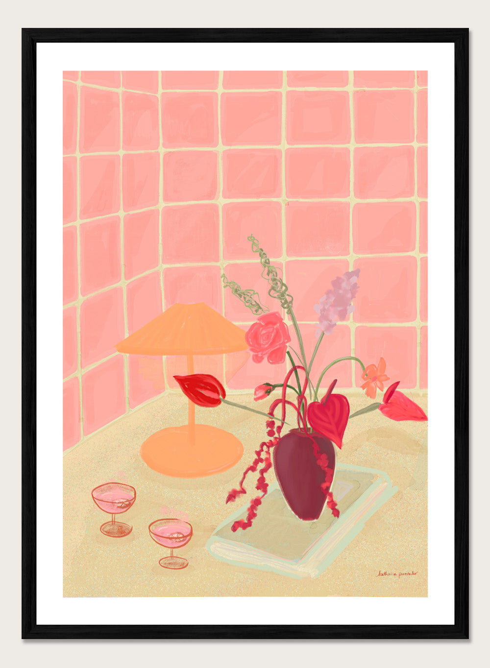 Illustration of a table with a vase of flowers, two glasses, and an orange lamp against a pink tiled wall. Bubbly by Katharina Puritscher art print featuring pink tiled walls, floral still life, coupe glasses, and a cozy tabletop scene. Officially licensed wall poster.