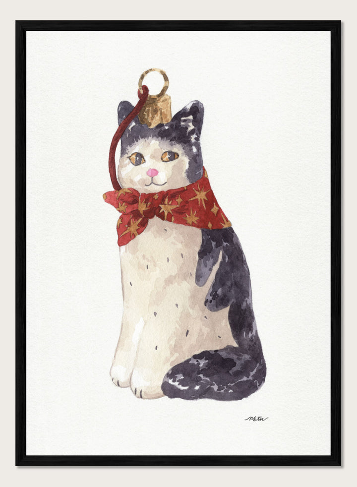 Shop Christmas Cat Ornament by NKTN, a festive cat animal wall art print poster featuring a black-and-white cat in a red star scarf with watercolor detail.