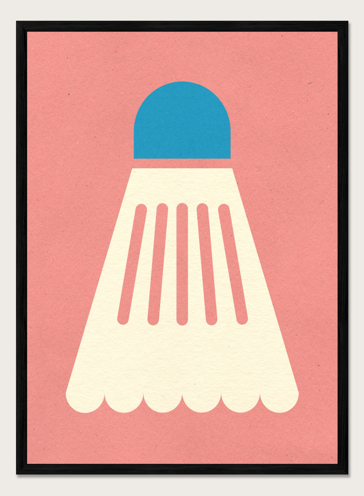 Shuttlecock with blue top and white body on a pink background. Badminton White Blue by Rosi Feist is a modern sports wall art print featuring a minimalist shuttlecock design in bold color and graphic poster style.