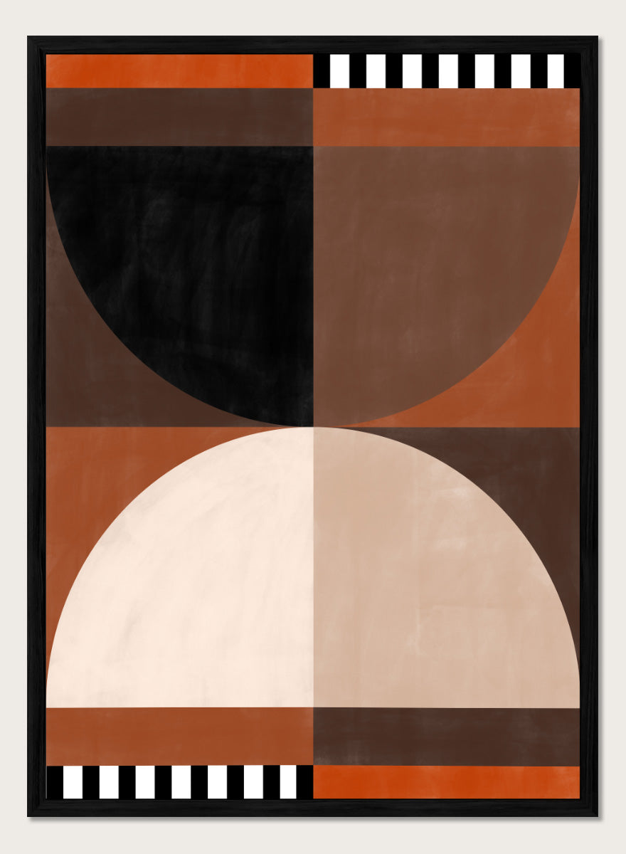 Shop Geometric Earth Tones 02 by Elena Ristova, a modern abstract wall art print poster featuring bold circles, striped accents, and warm rust tones.