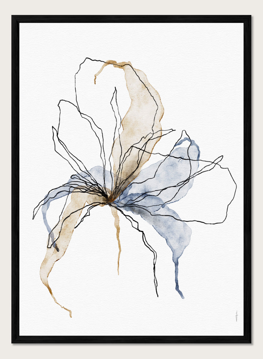 Shop Delicate Blush Botanicals by Ankie Kooi, an abstract floral wall art print poster with watercolor flower art, botanical linework, blue, brown, and cream.