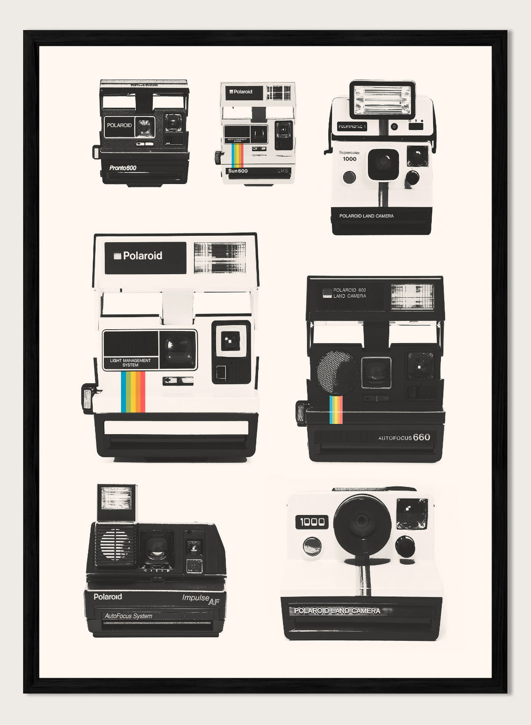 Collection of Polaroid cameras displayed against a white background. Vintage Instant Cameras by Florent Bodart is a retro camera art print featuring classic Polaroid designs, a modern wall poster for photography and design lovers.