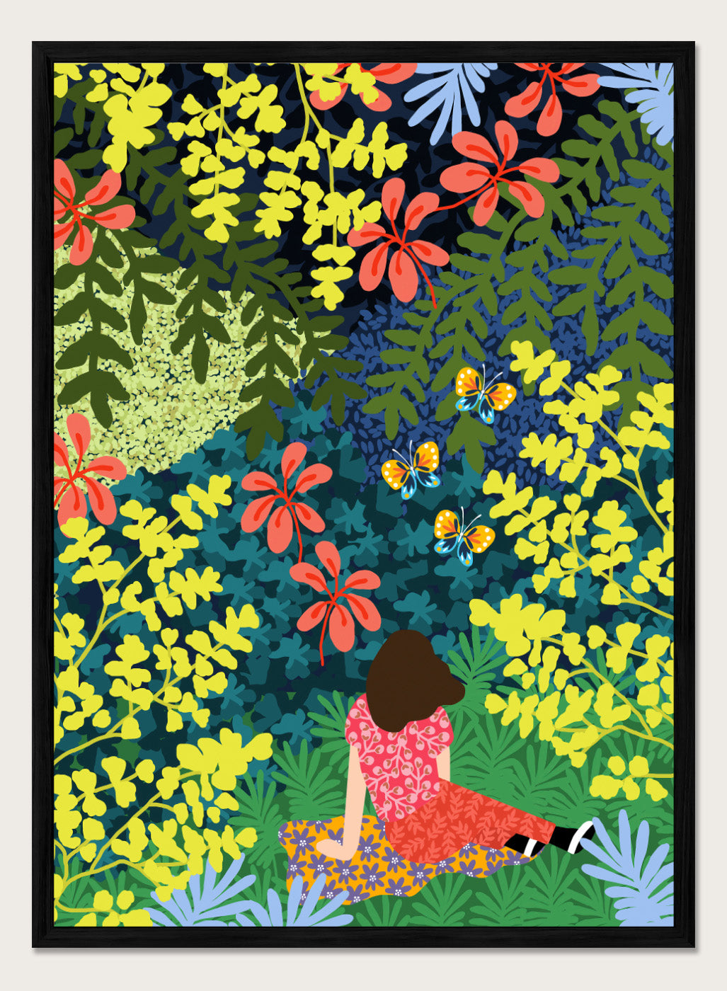 Illustration of a person sitting among colorful flowers and foliage. Picnic in the Forest by Rafaela Mascaro fine art print featuring lush botanical forest, oversized leaves, butterflies, modern colorful wall art poster.