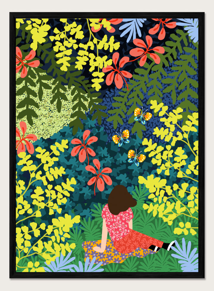 Illustration of a person sitting among colorful flowers and foliage. Picnic in the Forest by Rafaela Mascaro fine art print featuring lush botanical forest, oversized leaves, butterflies, modern colorful wall art poster.