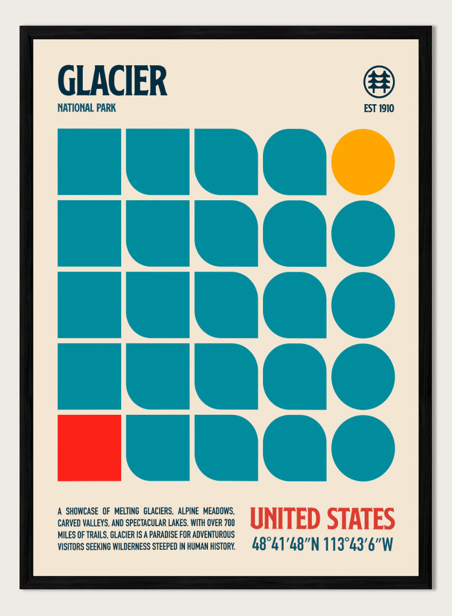 A retro-style poster for Glacier National Park featuring a cream background, teal geometric shapes, a yellow-orange circle, and red text. The top reads &