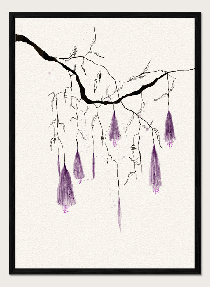 A framed art print featuring a delicate black ink sketch of willow branches with hanging purple blossoms on a textured off-white background. Shop Purple Hanging Blooms by Ankie Kooi, a floral wall art print poster with hanging purple flowers, botanical branch art, watercolor florals, black, and cream.