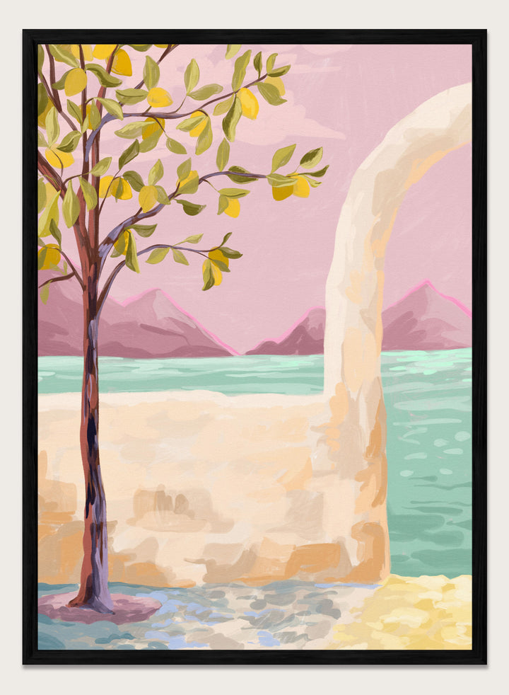 Artistic depiction of a tree by a lake with mountains in the background. Lemon Tree by Goed Blauw is a coastal art print and wall poster featuring a lemon tree, soft pastel sky, and ocean view in warm tones.