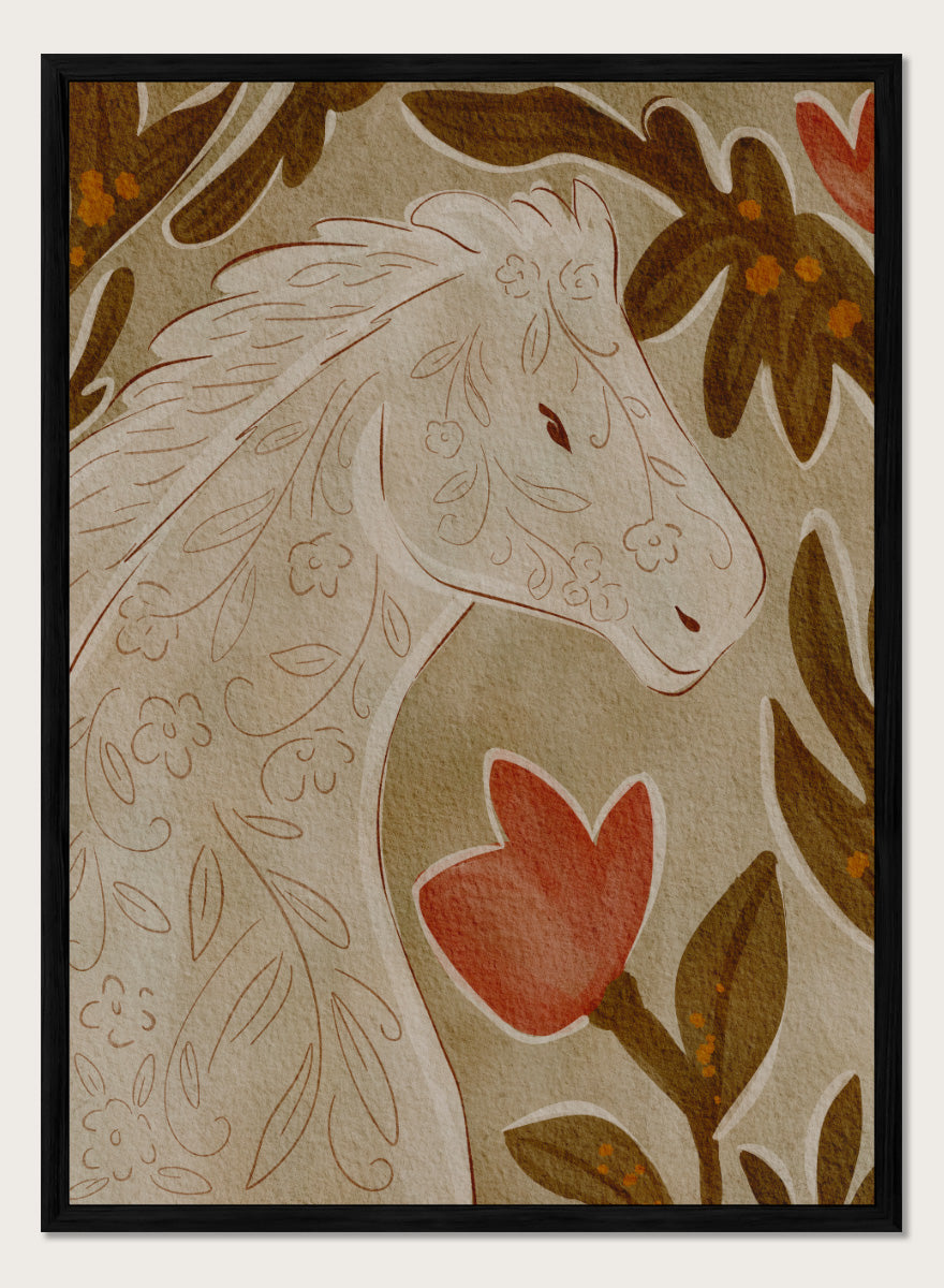 A close-up of a decorative textile or rug pattern featuring a stylized horse head in cream with floral line details, surrounded by brown leaves and a red flower on a beige background. Shop Elegant Floral Horse by Nikita Jariwala, a decorative horse wall art print featuring botanical details, folk-inspired pattern, and warm earthy neutral tones.